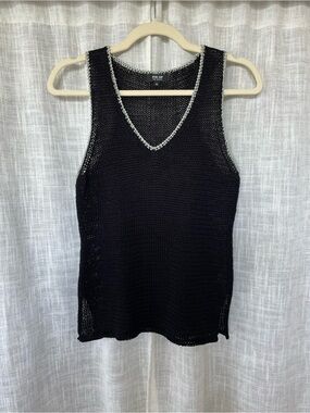 Vintage Pin Up for Savvy Woven Knit V-neck Tank Top Black Metallic Silver